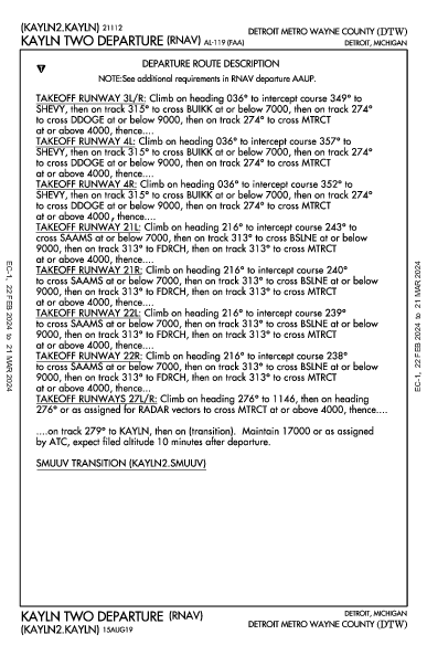 métropolitain de Détroit Detroit, MI (KDTW): KAYLN TWO (RNAV) (DP)