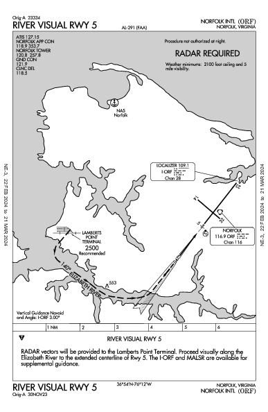 Int'l de Norfolk Norfolk, VA (KORF): RIVER VISUAL RWY 05 (IAP)